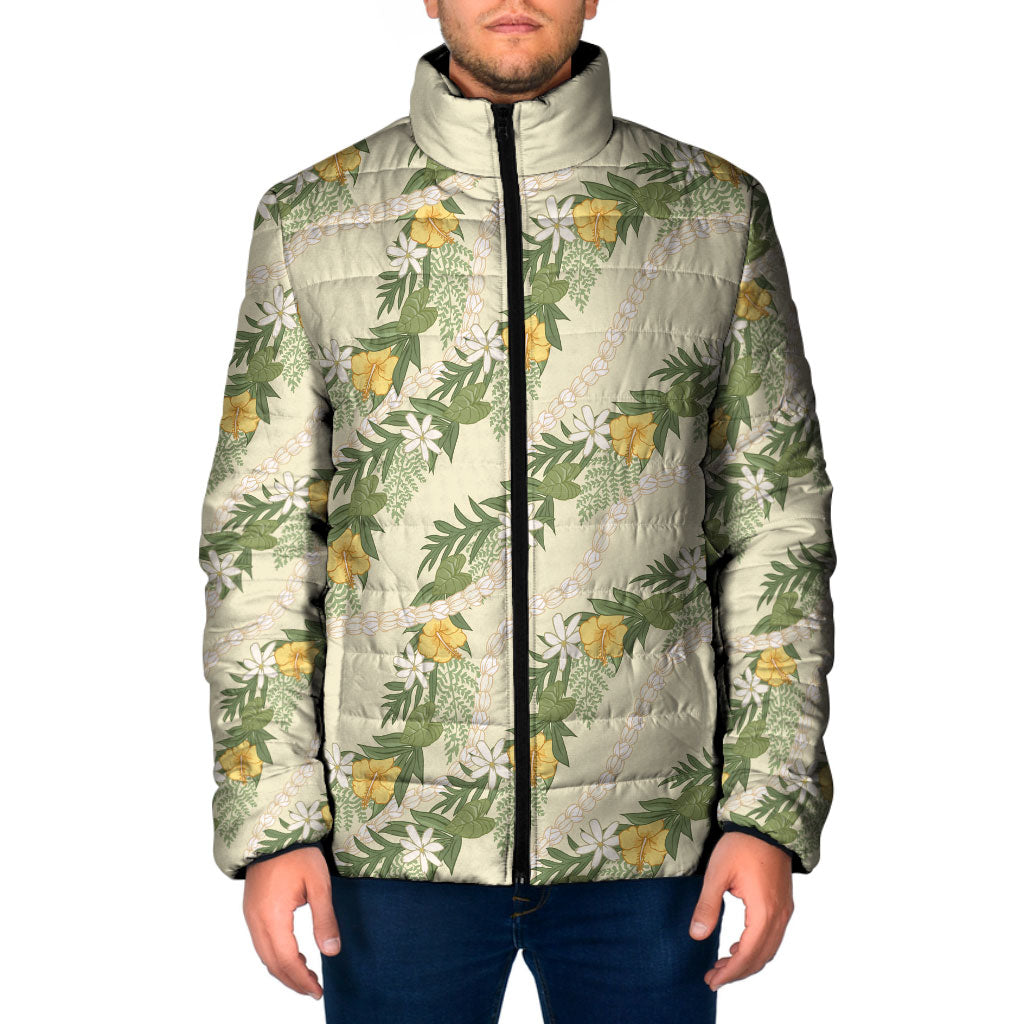 Hawaiian Pikake Maile Lei Padded Jacket Tiare Hibiscus Kalo Palapalai Leaf Beige