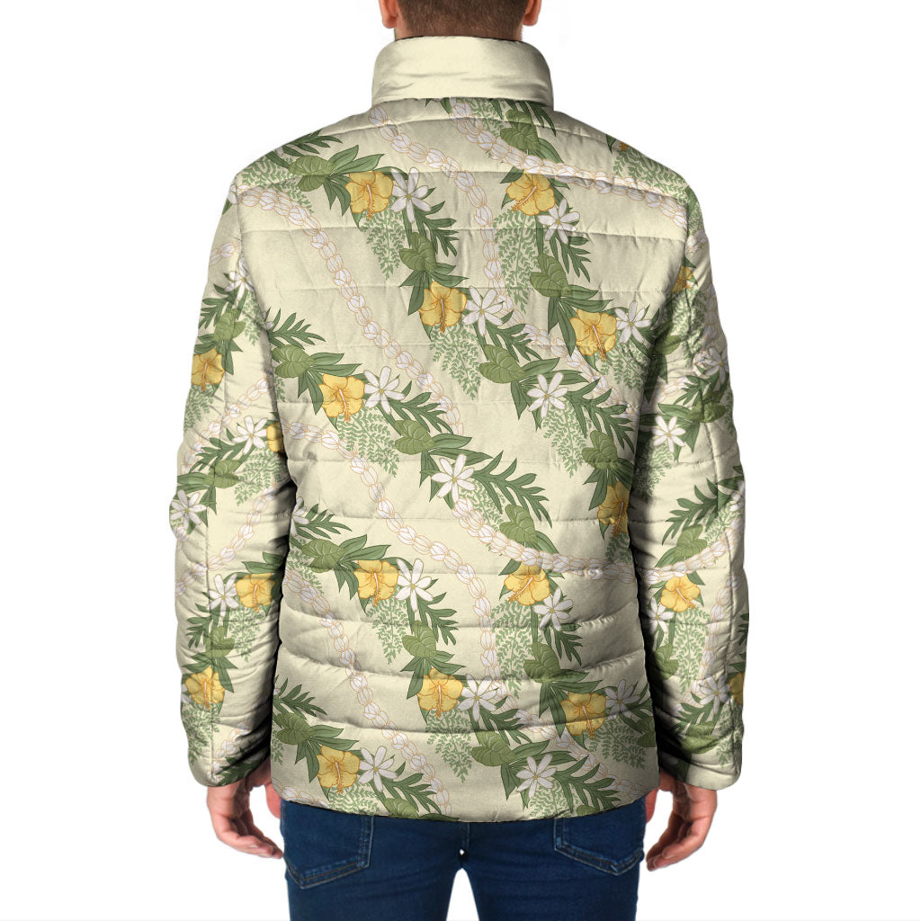 Hawaiian Pikake Maile Lei Padded Jacket Tiare Hibiscus Kalo Palapalai Leaf Beige