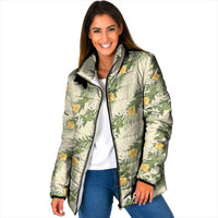 Hawaiian Pikake Maile Lei Padded Jacket Tiare Hibiscus Kalo Palapalai Leaf Beige