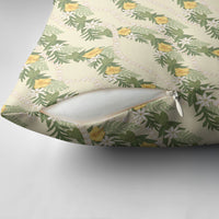 Hawaiian Pikake Maile Lei Pillow Cover Tiare Hibiscus Kalo Palapalai Leaf Beige