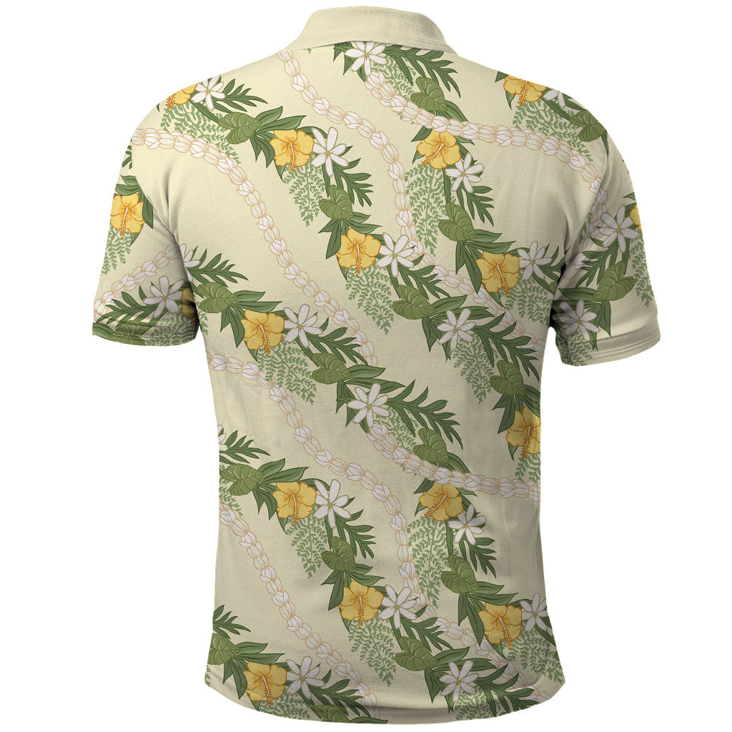 Hawaiian Pikake Maile Lei Polo Shirt Tiare Hibiscus Kalo Palapalai Leaf Beige