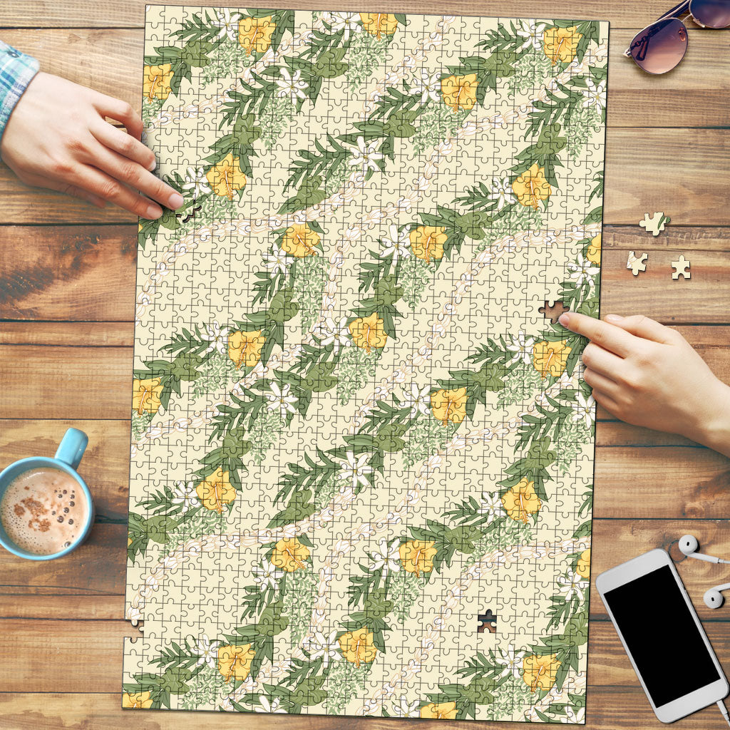Hawaiian Pikake Maile Lei Puzzle Tiare Hibiscus Kalo Palapalai Leaf Beige