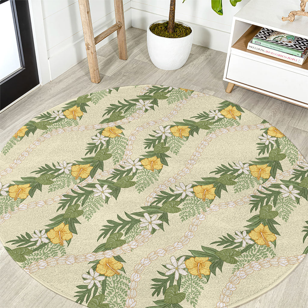 Hawaiian Pikake Maile Lei Round Carpet Tiare Hibiscus Kalo Palapalai Leaf Beige