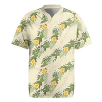 Hawaiian Pikake Maile Lei Rugby Jersey Tiare Hibiscus Kalo Palapalai Leaf Beige