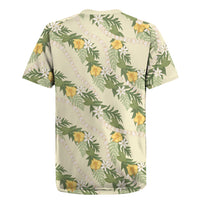 Hawaiian Pikake Maile Lei Rugby Jersey Tiare Hibiscus Kalo Palapalai Leaf Beige