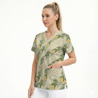 Hawaiian Pikake Maile Lei Scrub Top Tiare Hibiscus Kalo Palapalai Leaf Beige