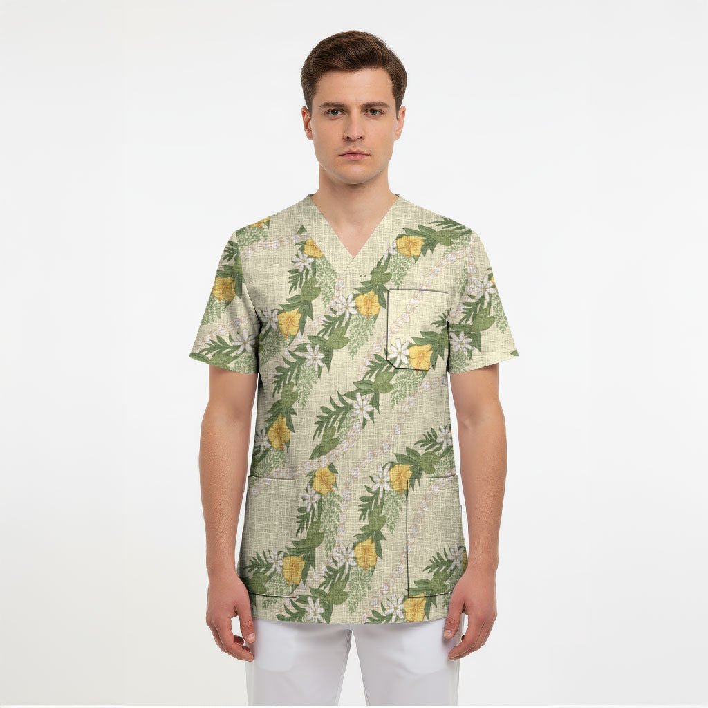 Hawaiian Pikake Maile Lei Scrub Top Tiare Hibiscus Kalo Palapalai Leaf Beige
