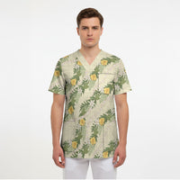 Hawaiian Pikake Maile Lei Scrub Top Tiare Hibiscus Kalo Palapalai Leaf Beige