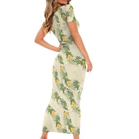 Hawaiian Pikake Maile Lei Short Sleeve Bodycon Dress Tiare Hibiscus Kalo Palapalai Leaf Beige