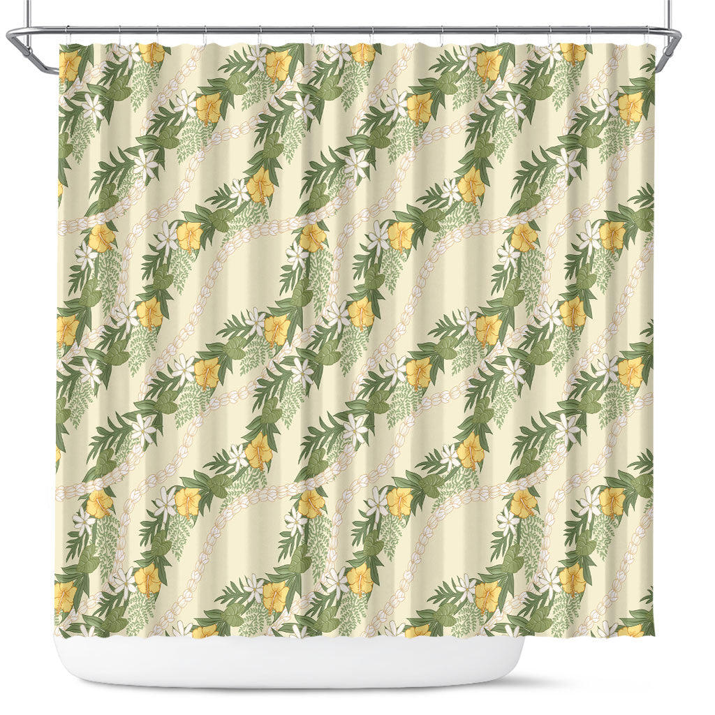 Hawaiian Pikake Maile Lei Shower Curtain Tiare Hibiscus Kalo Palapalai Leaf Beige