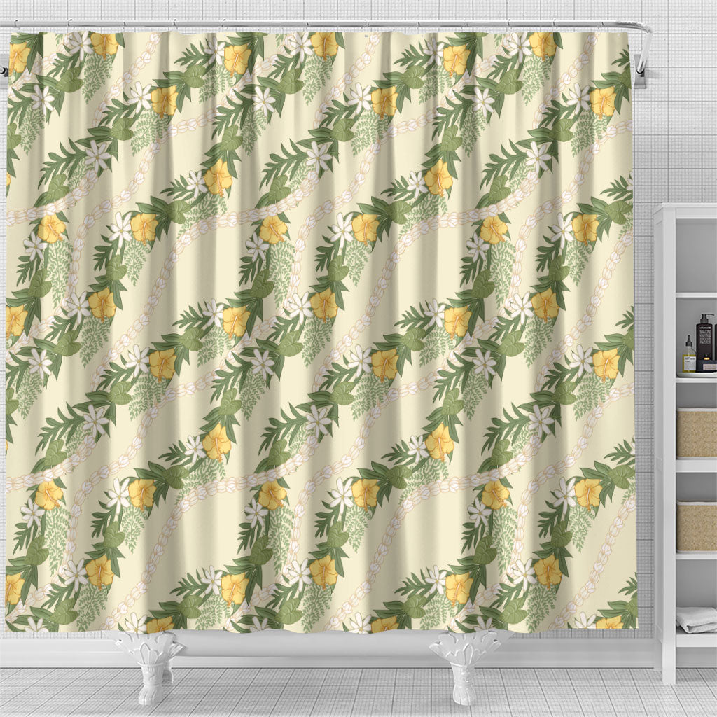 Hawaiian Pikake Maile Lei Shower Curtain Tiare Hibiscus Kalo Palapalai Leaf Beige