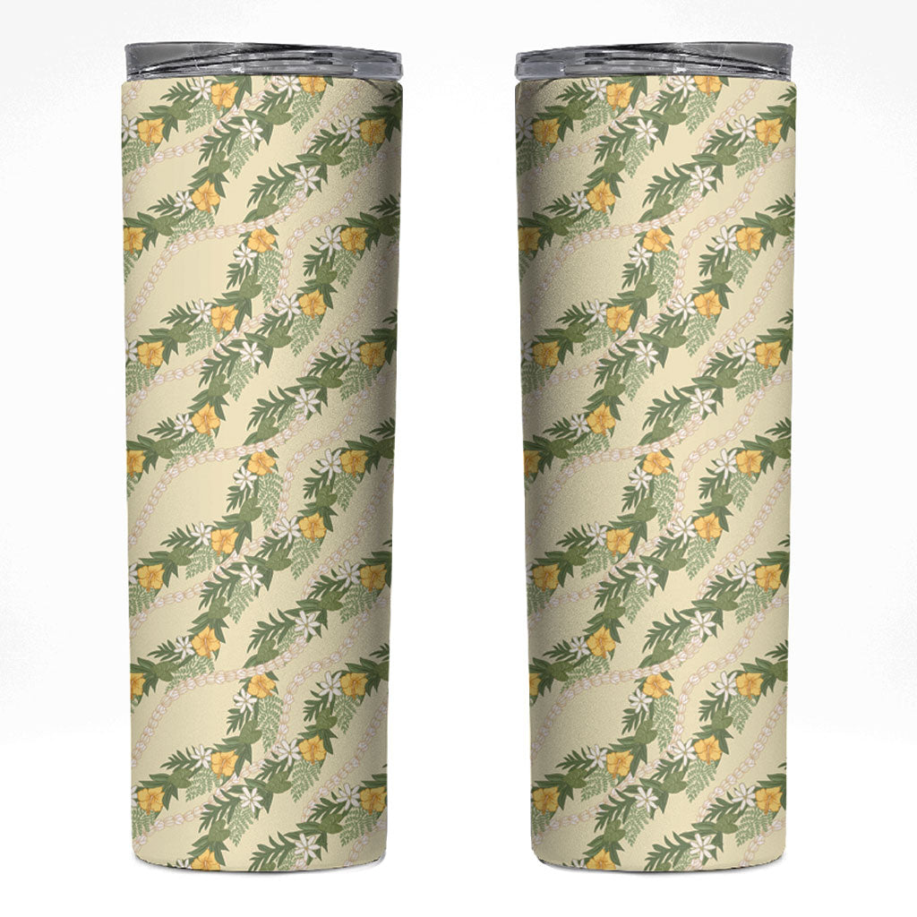 Hawaiian Pikake Maile Lei Skinny Tumbler Tiare Hibiscus Kalo Palapalai Leaf Beige LT19 Beige - Polynesian Pride