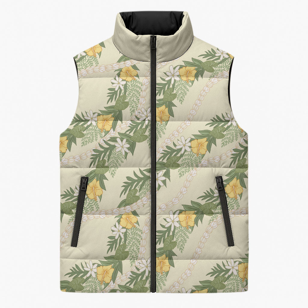 Hawaiian Pikake Maile Lei Sleeveless Puffer Jacket Tiare Hibiscus Kalo Palapalai Leaf Beige