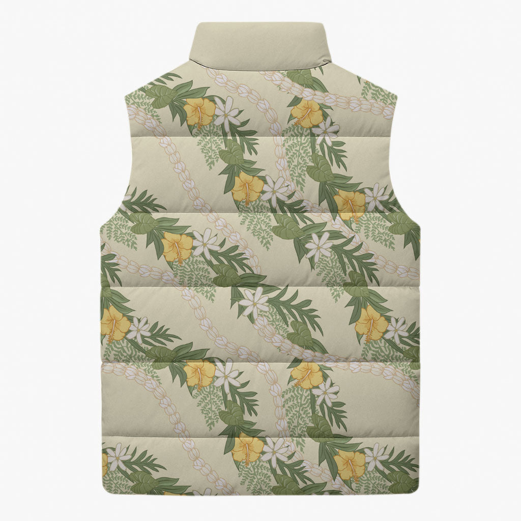 Hawaiian Pikake Maile Lei Sleeveless Puffer Jacket Tiare Hibiscus Kalo Palapalai Leaf Beige