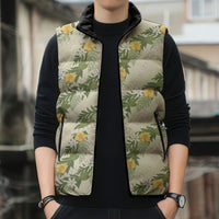 Hawaiian Pikake Maile Lei Sleeveless Puffer Jacket Tiare Hibiscus Kalo Palapalai Leaf Beige