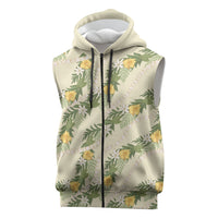 Hawaiian Pikake Maile Lei Sleeveless Zip Hoodie Tiare Hibiscus Kalo Palapalai Leaf Beige