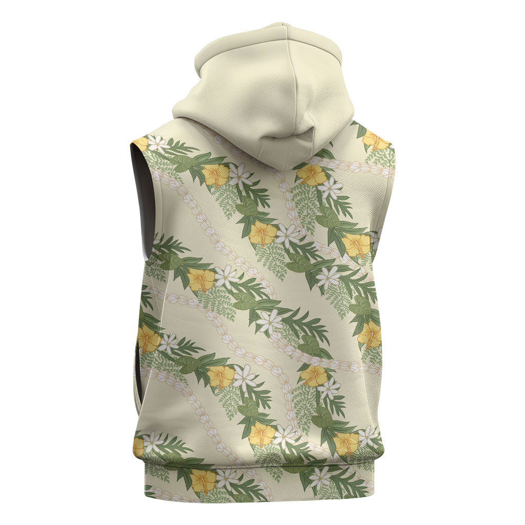 Hawaiian Pikake Maile Lei Sleeveless Zip Hoodie Tiare Hibiscus Kalo Palapalai Leaf Beige