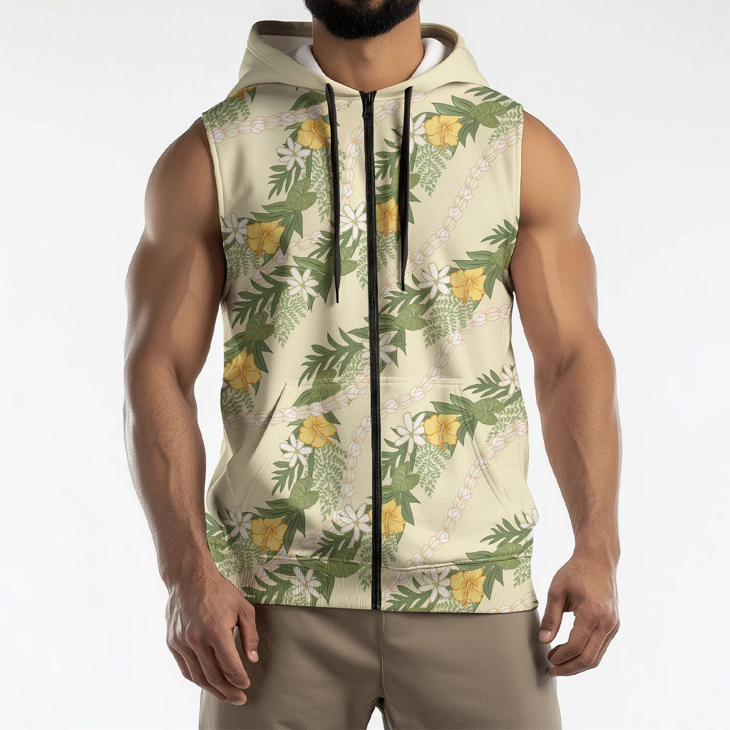 Hawaiian Pikake Maile Lei Sleeveless Zip Hoodie Tiare Hibiscus Kalo Palapalai Leaf Beige