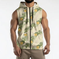 Hawaiian Pikake Maile Lei Sleeveless Zip Hoodie Tiare Hibiscus Kalo Palapalai Leaf Beige