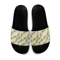 Hawaiian Pikake Maile Lei Slide Sandals Tiare Hibiscus Kalo Palapalai Leaf Beige