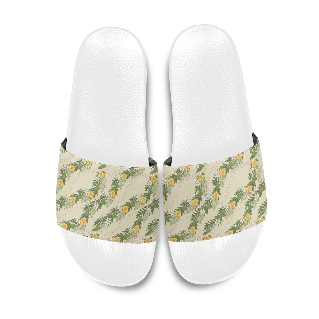 Hawaiian Pikake Maile Lei Slide Sandals Tiare Hibiscus Kalo Palapalai Leaf Beige