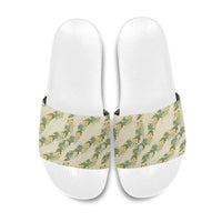 Hawaiian Pikake Maile Lei Slide Sandals Tiare Hibiscus Kalo Palapalai Leaf Beige