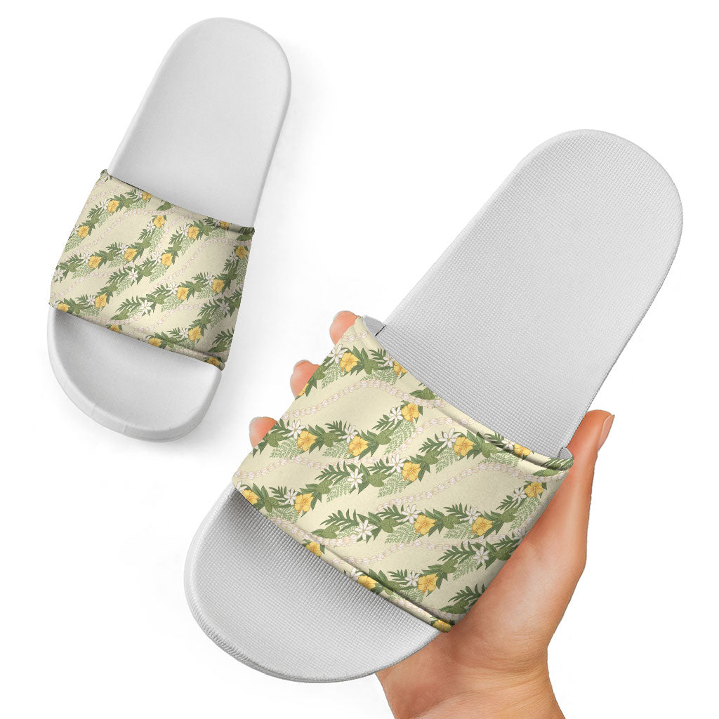 Hawaiian Pikake Maile Lei Slide Sandals Tiare Hibiscus Kalo Palapalai Leaf Beige