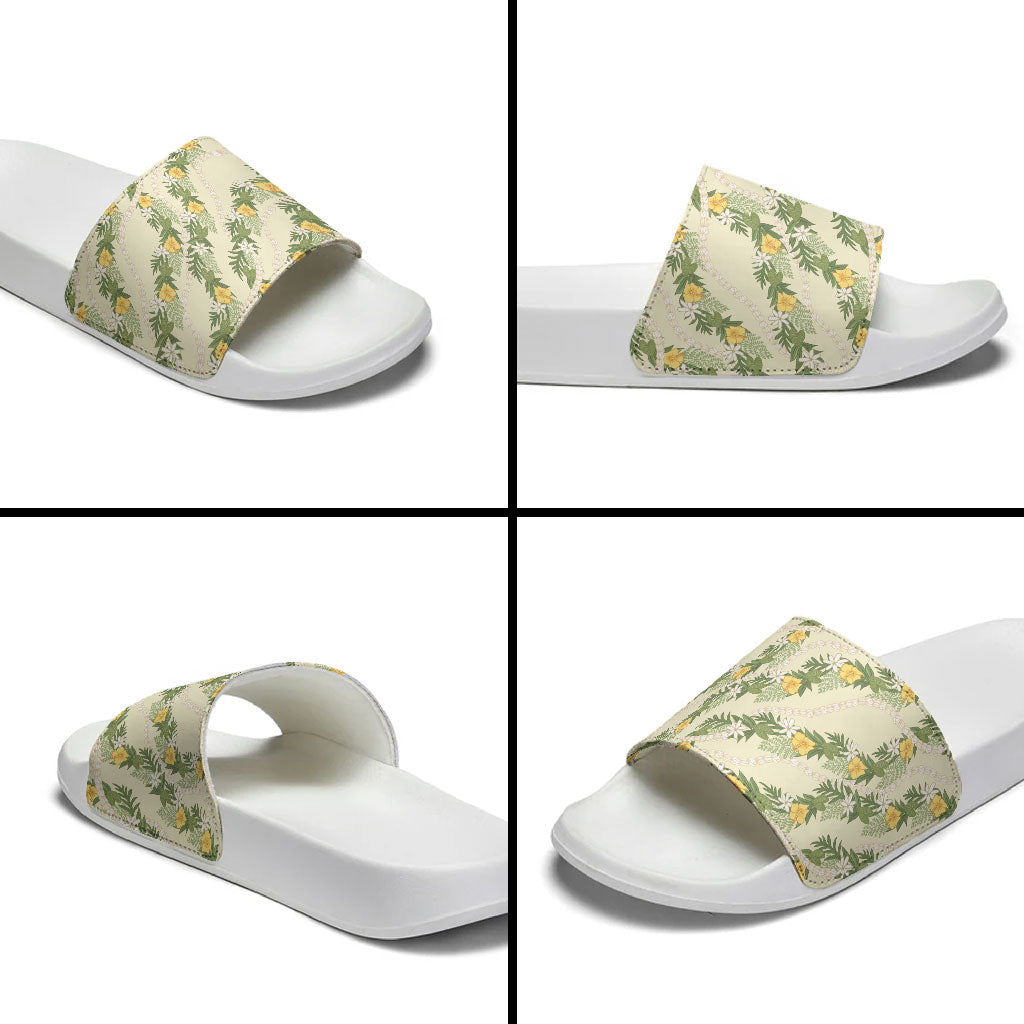Hawaiian Pikake Maile Lei Slide Sandals Tiare Hibiscus Kalo Palapalai Leaf Beige