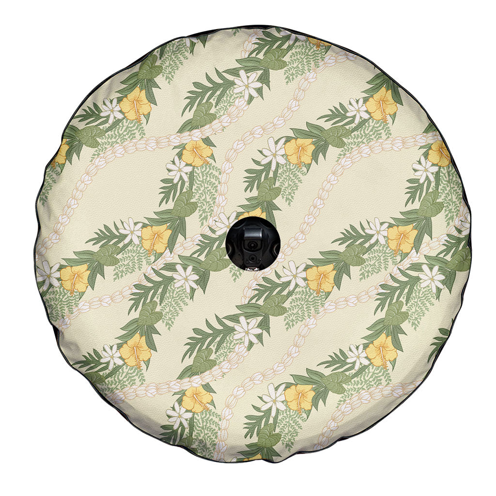 Hawaiian Pikake Maile Lei Spare Tire Cover Tiare Hibiscus Kalo Palapalai Leaf Beige
