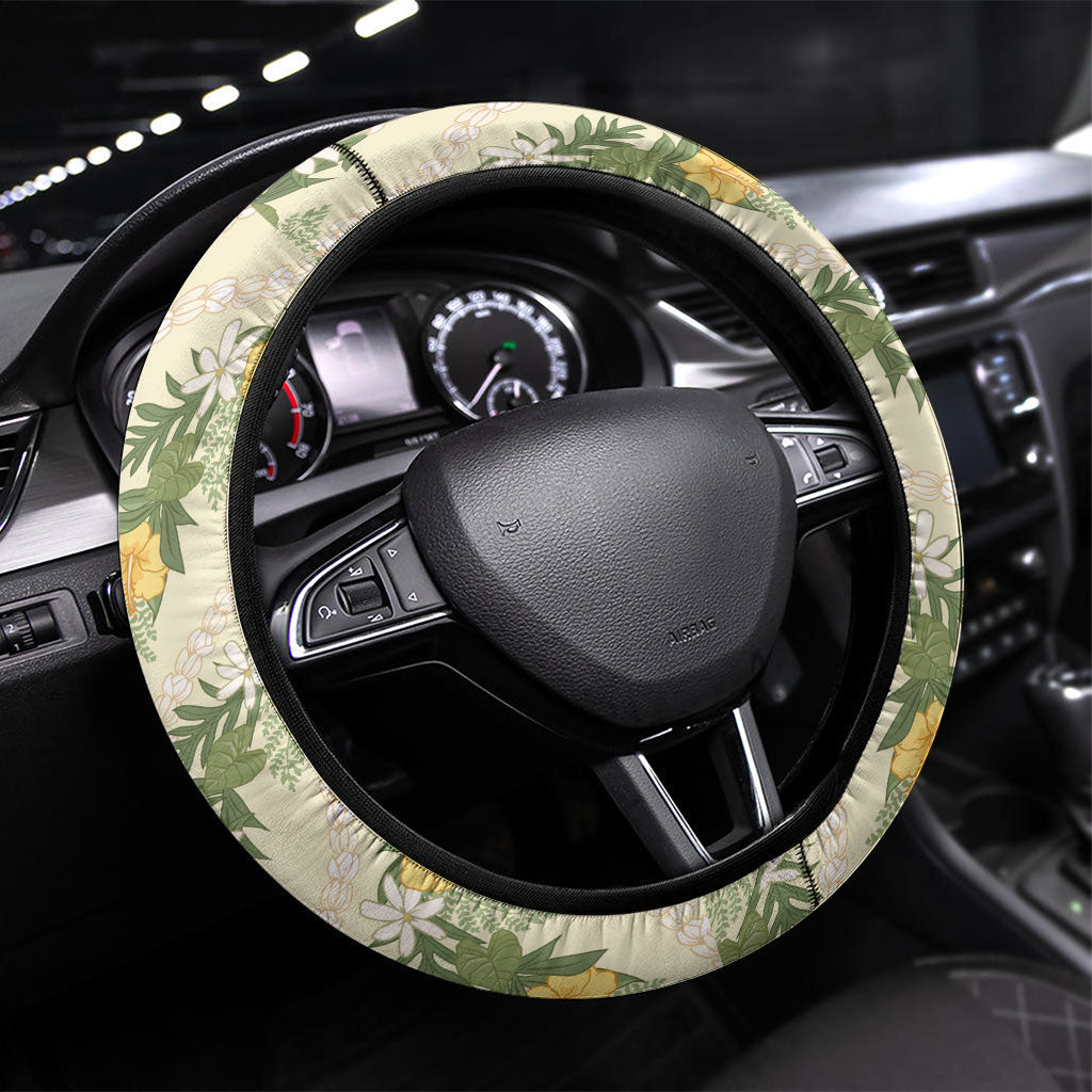 Hawaiian Pikake Maile Lei Steering Wheel Cover Tiare Hibiscus Kalo Palapalai Leaf Beige