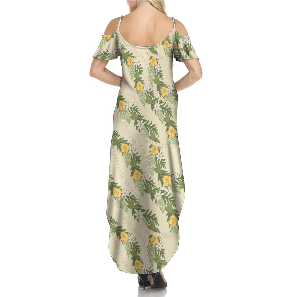 Hawaiian Pikake Maile Lei Summer Maxi Dress Tiare Hibiscus Kalo Palapalai Leaf Beige
