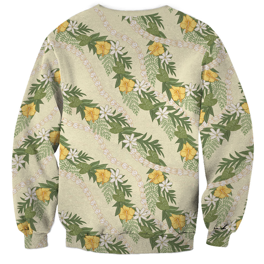 Hawaiian Pikake Maile Lei Sweatshirt Tiare Hibiscus Kalo Palapalai Leaf Beige
