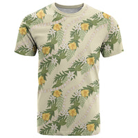 Hawaiian Pikake Maile Lei T Shirt Tiare Hibiscus Kalo Palapalai Leaf Beige