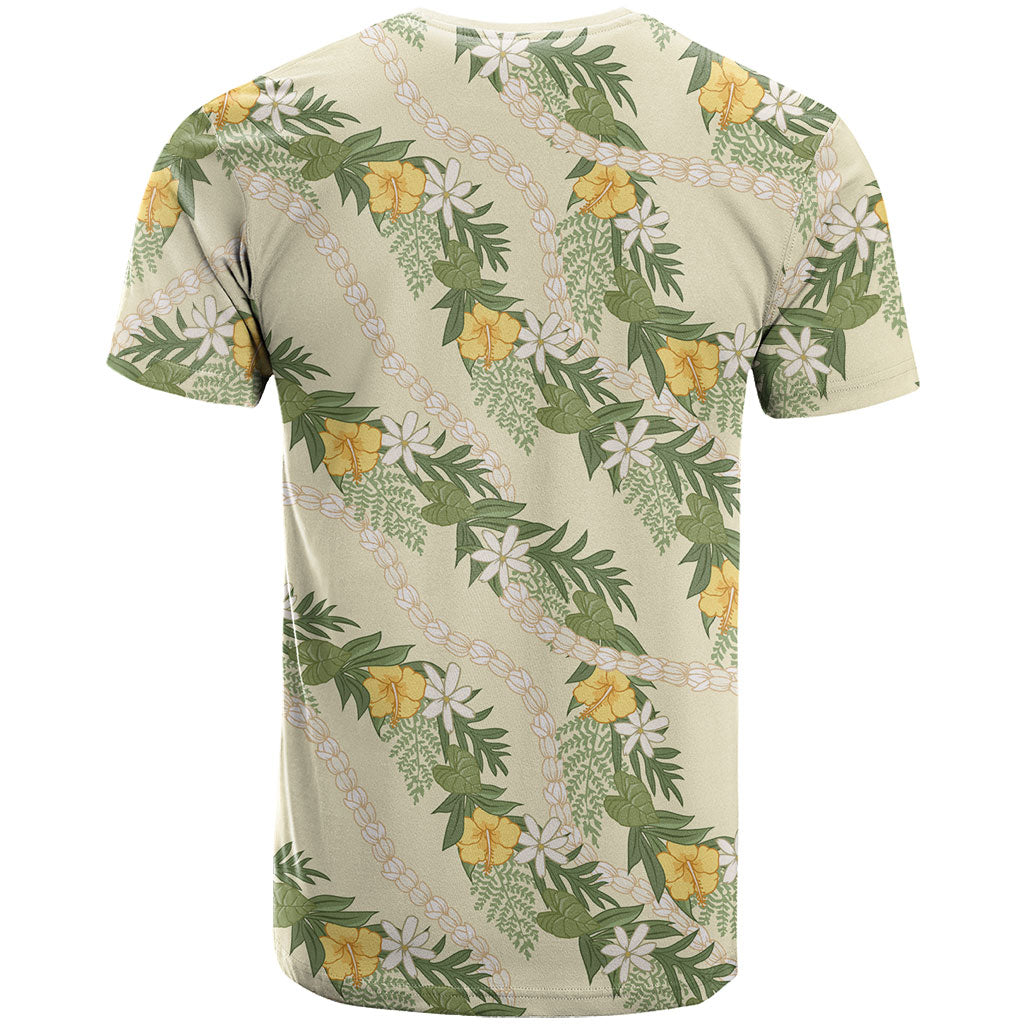 Hawaiian Pikake Maile Lei T Shirt Tiare Hibiscus Kalo Palapalai Leaf Beige