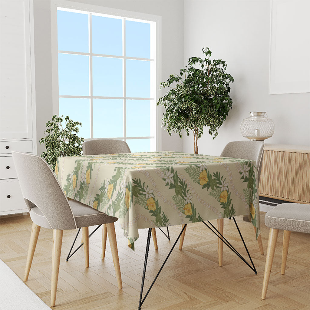 Hawaiian Pikake Maile Lei Tablecloth Tiare Hibiscus Kalo Palapalai Leaf Beige
