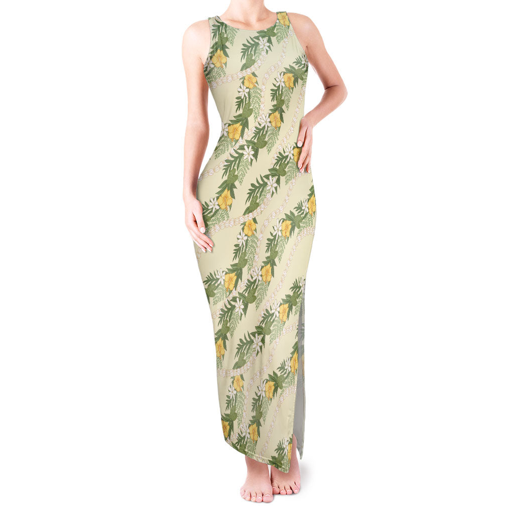 Hawaiian Pikake Maile Lei Tank Maxi Dress Tiare Hibiscus Kalo Palapalai Leaf Beige