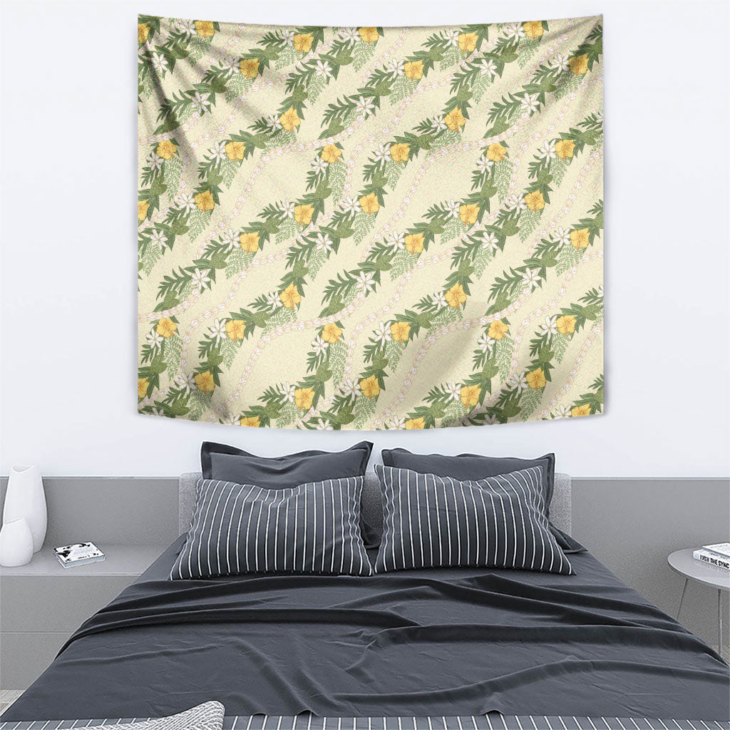 Hawaiian Pikake Maile Lei Tapestry Tiare Hibiscus Kalo Palapalai Leaf Beige