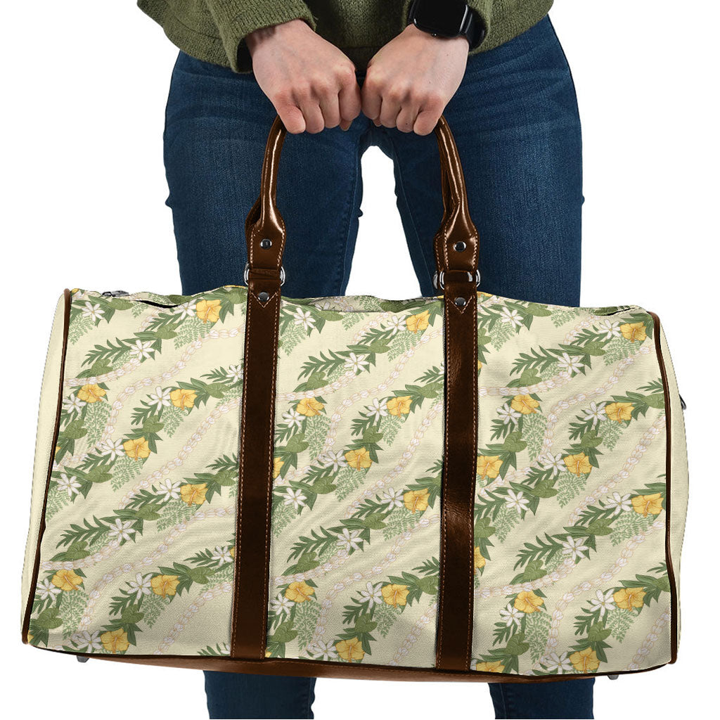 Hawaiian Pikake Maile Lei Travel Bag Tiare Hibiscus Kalo Palapalai Leaf Beige