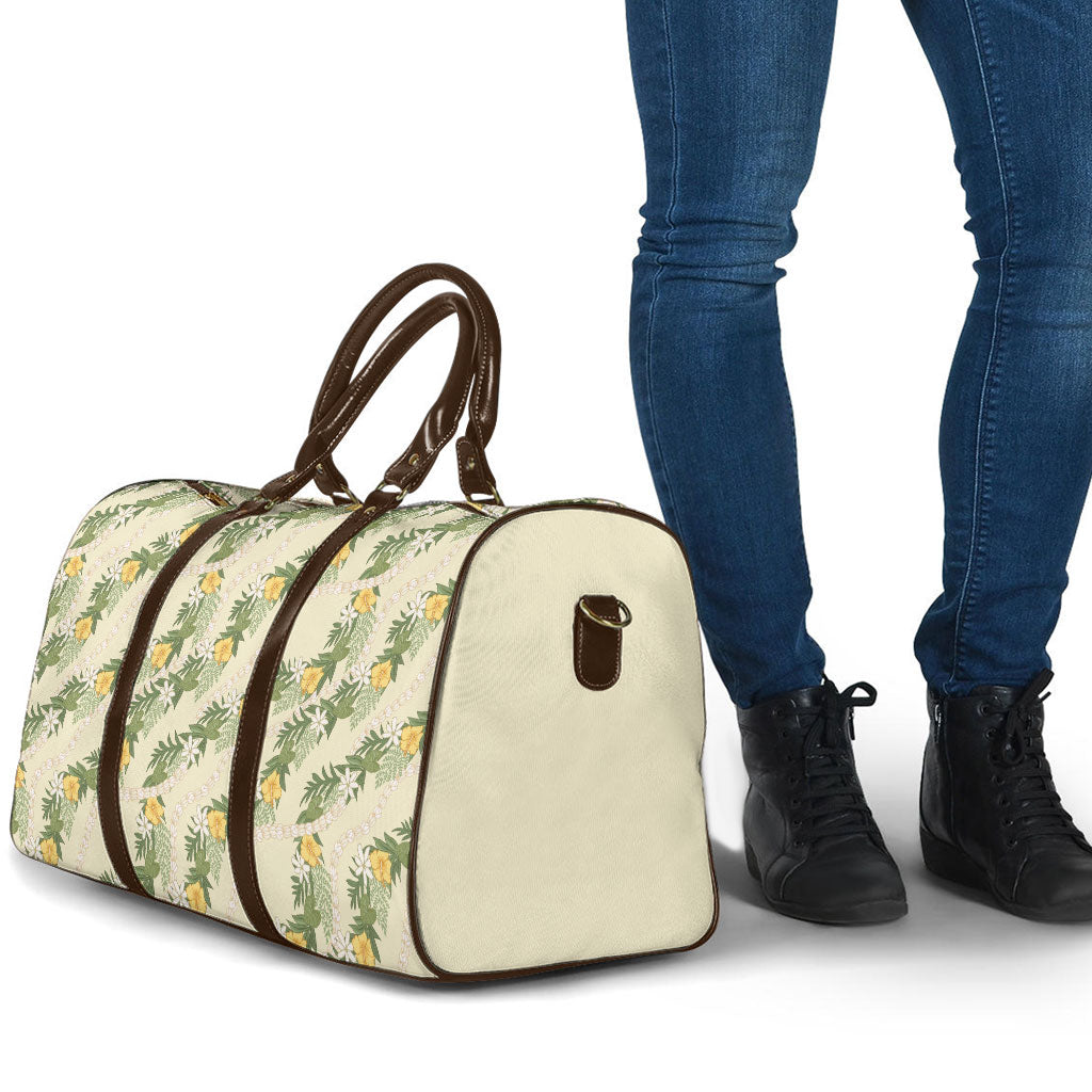 Hawaiian Pikake Maile Lei Travel Bag Tiare Hibiscus Kalo Palapalai Leaf Beige