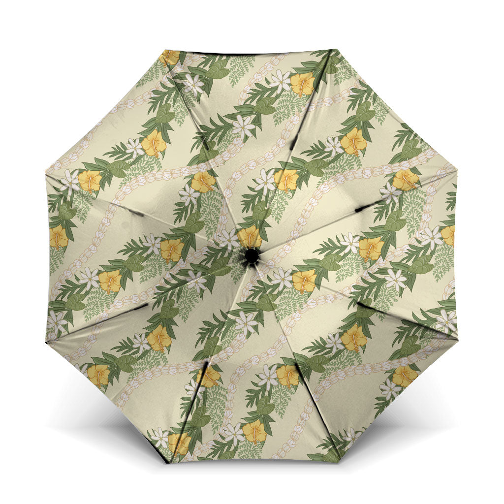 Hawaiian Pikake Maile Lei Umbrella Tiare Hibiscus Kalo Palapalai Leaf Beige