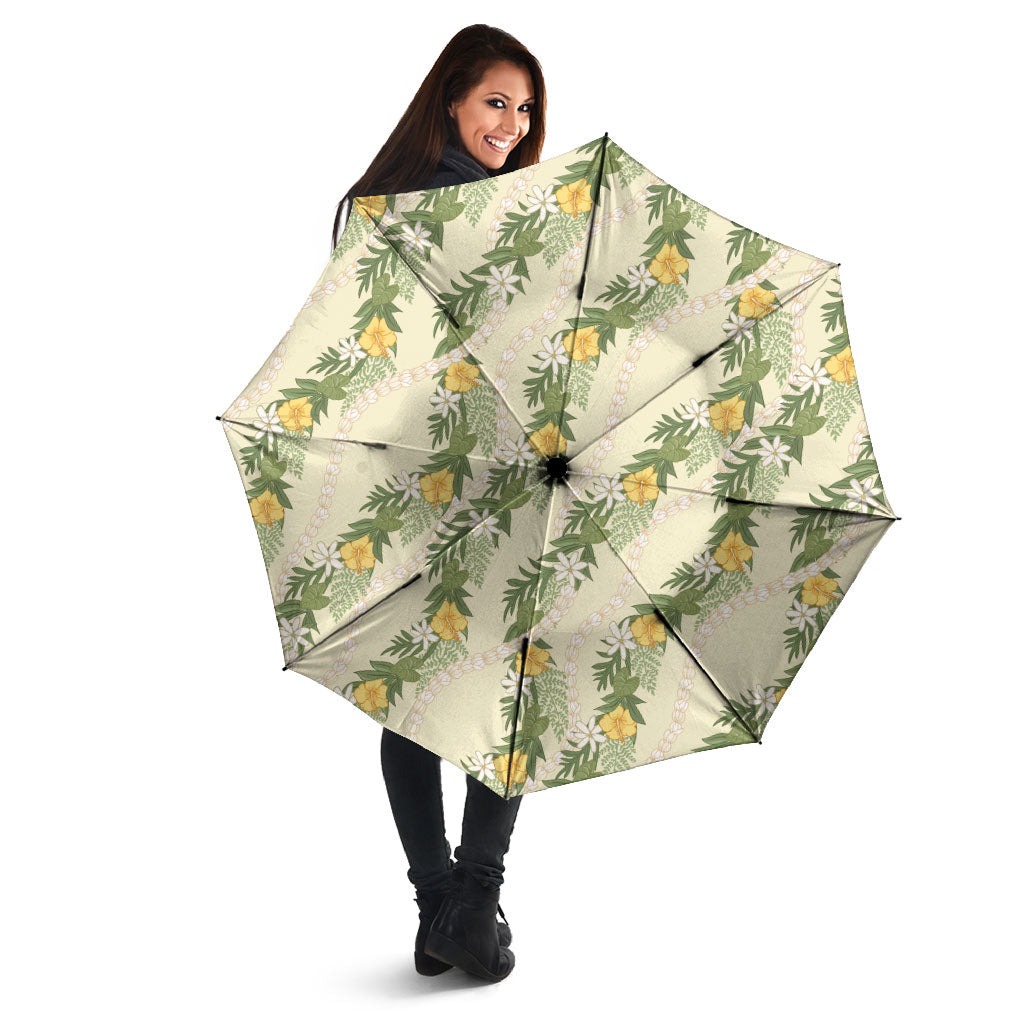 Hawaiian Pikake Maile Lei Umbrella Tiare Hibiscus Kalo Palapalai Leaf Beige