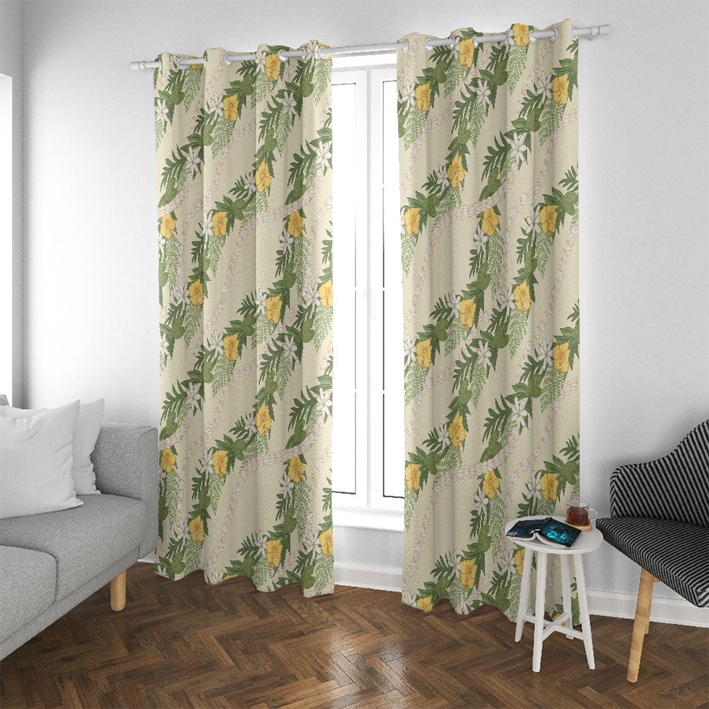 Hawaiian Pikake Maile Lei Window Curtain Tiare Hibiscus Kalo Palapalai Leaf Beige