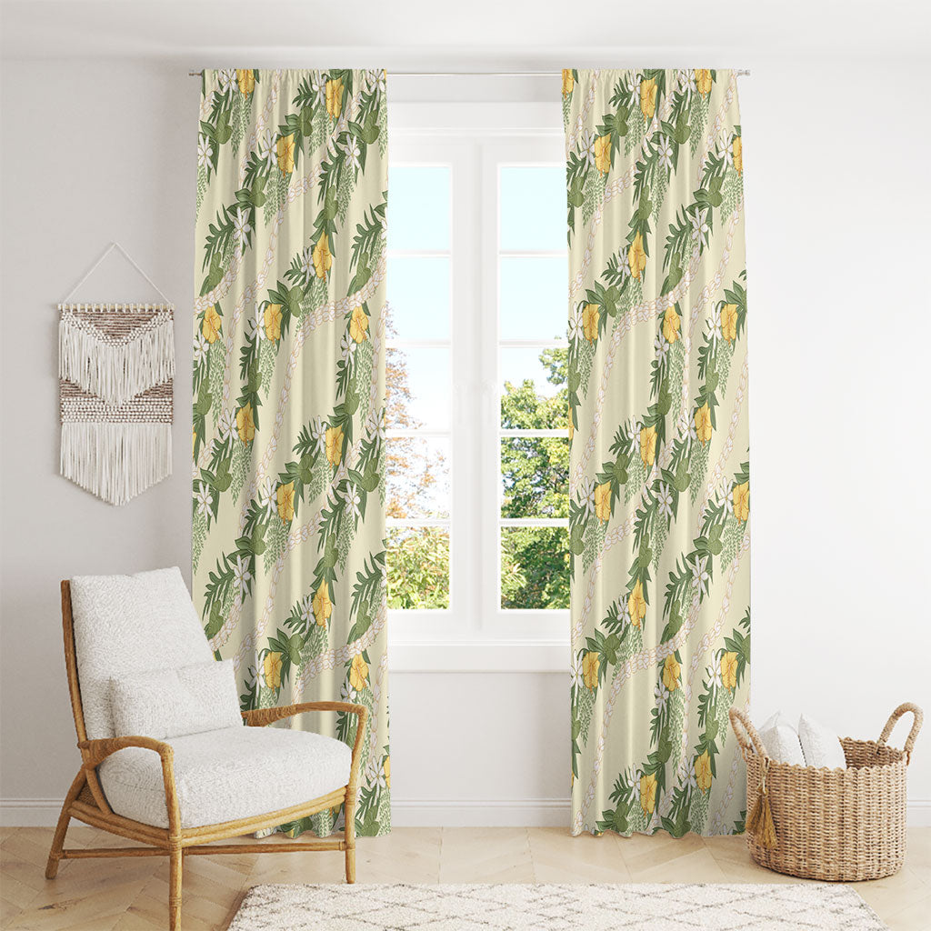 Hawaiian Pikake Maile Lei Window Curtain Tiare Hibiscus Kalo Palapalai Leaf Beige