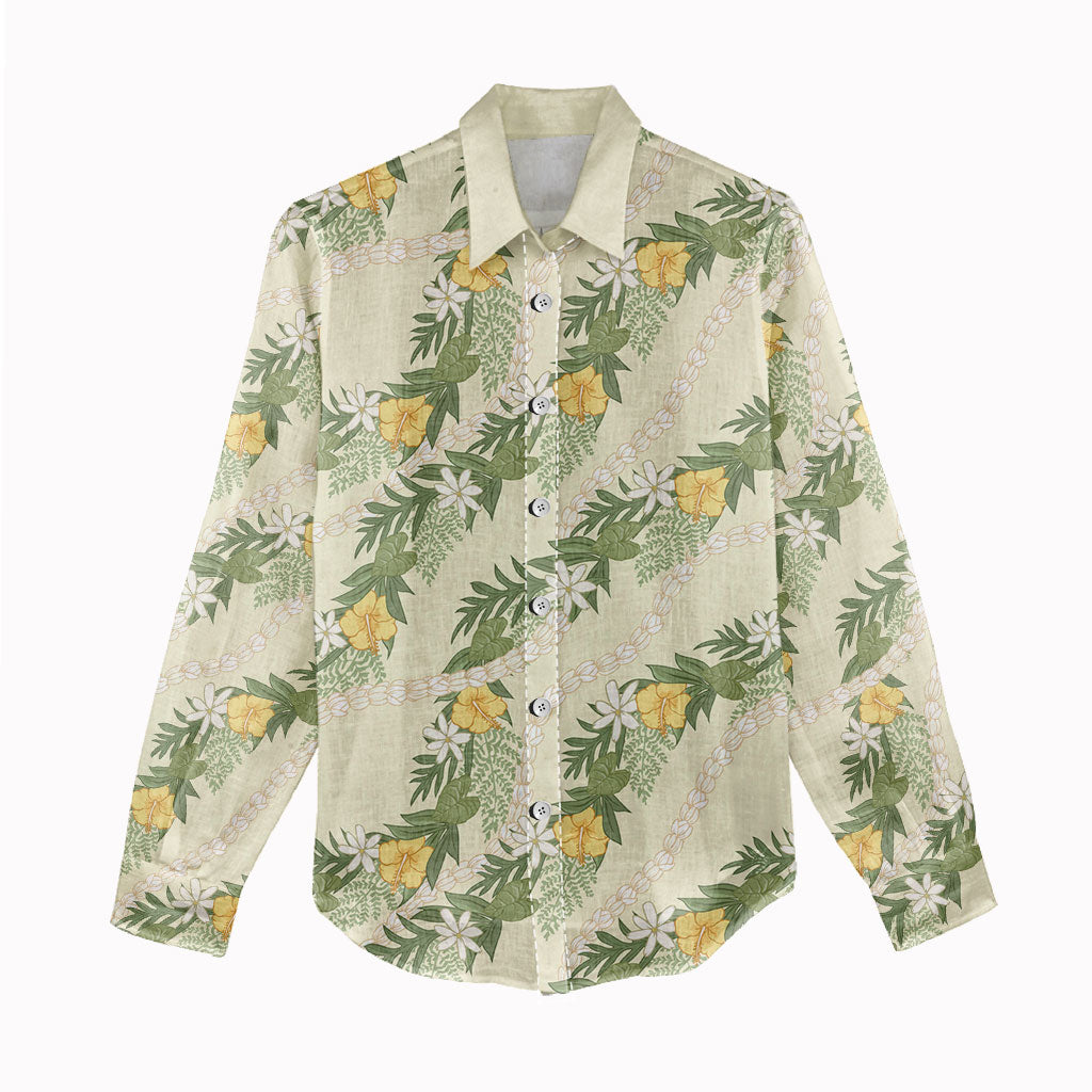 Hawaiian Pikake Maile Lei Women Casual Shirt Tiare Hibiscus Kalo Palapalai Leaf Beige LT19 - Polynesian Pride