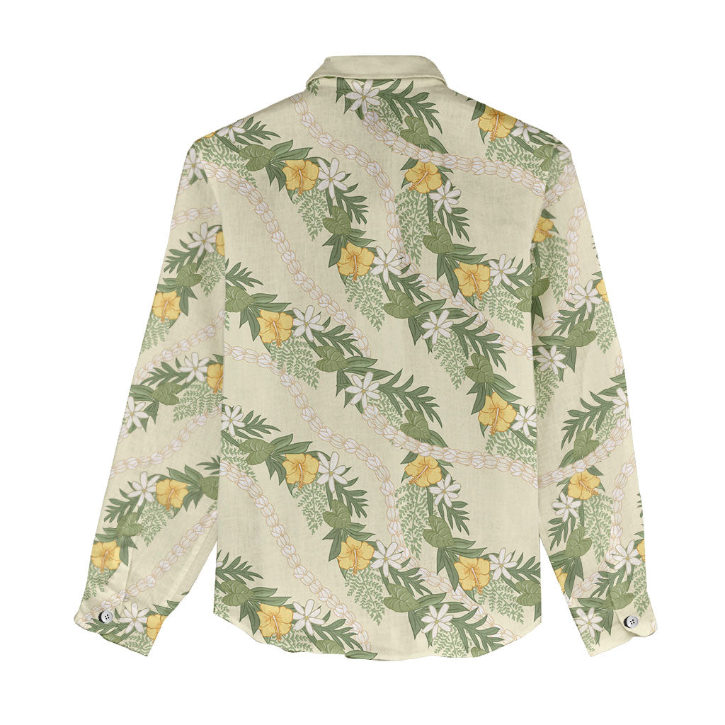 Hawaiian Pikake Maile Lei Women Casual Shirt Tiare Hibiscus Kalo Palapalai Leaf Beige LT19 - Polynesian Pride