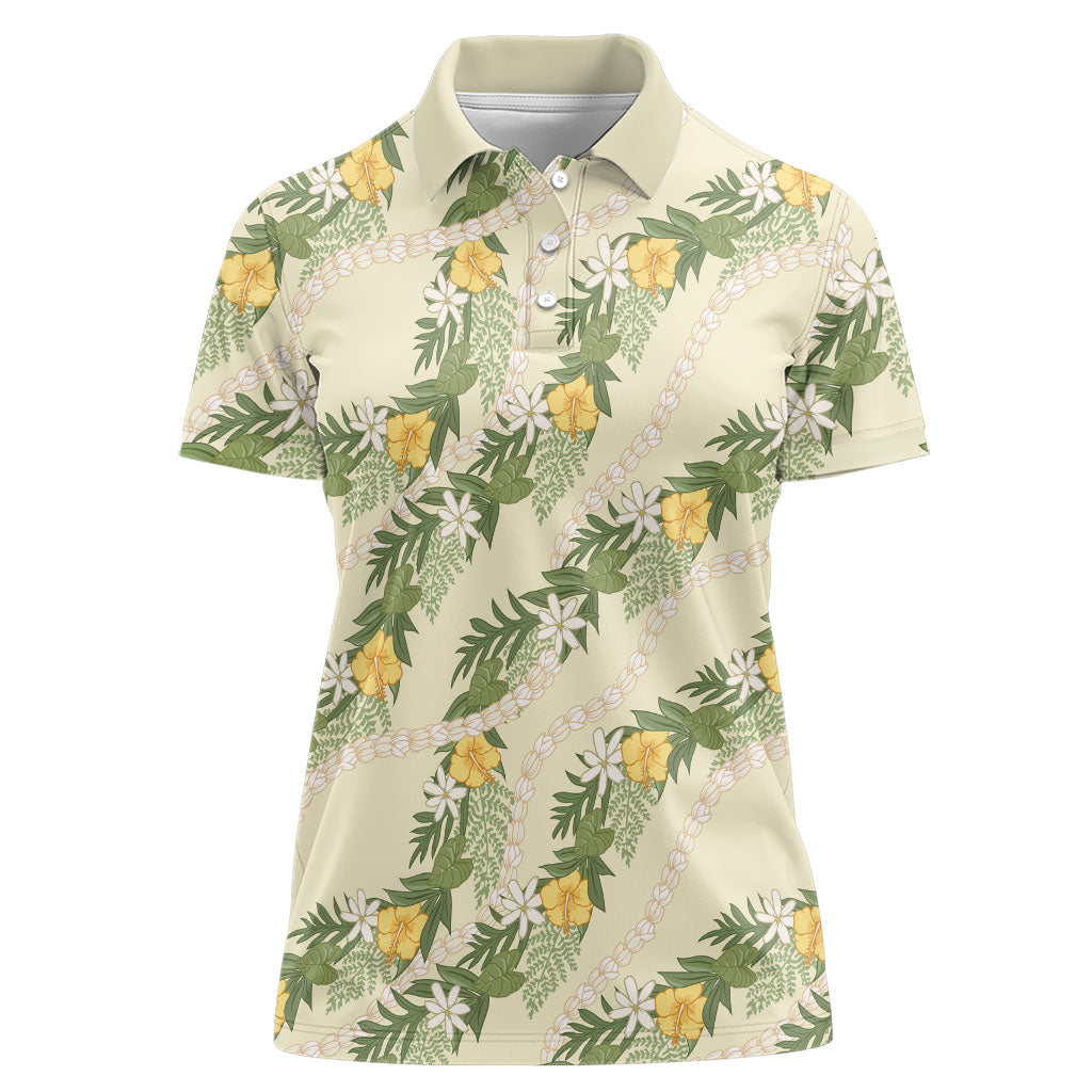 Hawaiian Pikake Maile Lei Women Polo Shirt Tiare Hibiscus Kalo Palapalai Leaf Beige LT19 Female Beige - Polynesian Pride
