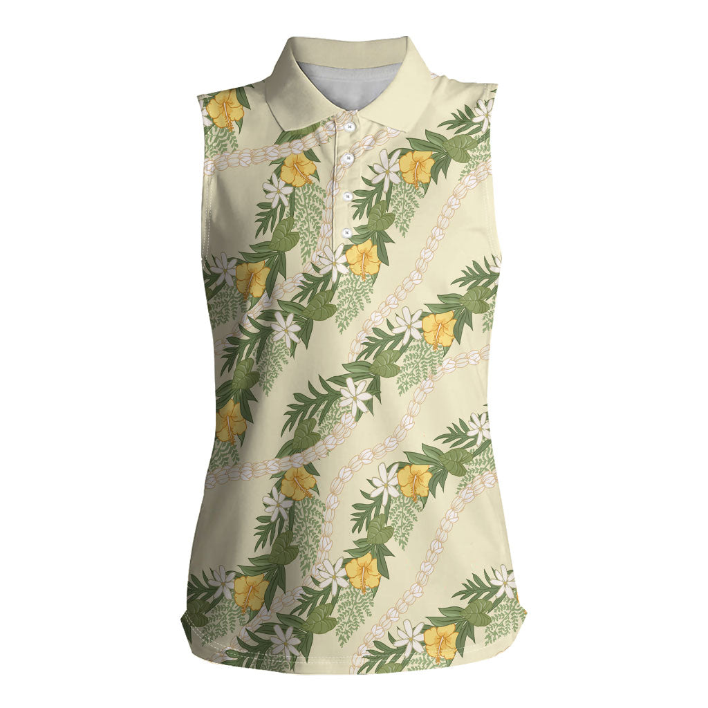 Hawaiian Pikake Maile Lei Women Sleeveless Polo Shirt Tiare Hibiscus Kalo Palapalai Leaf Beige