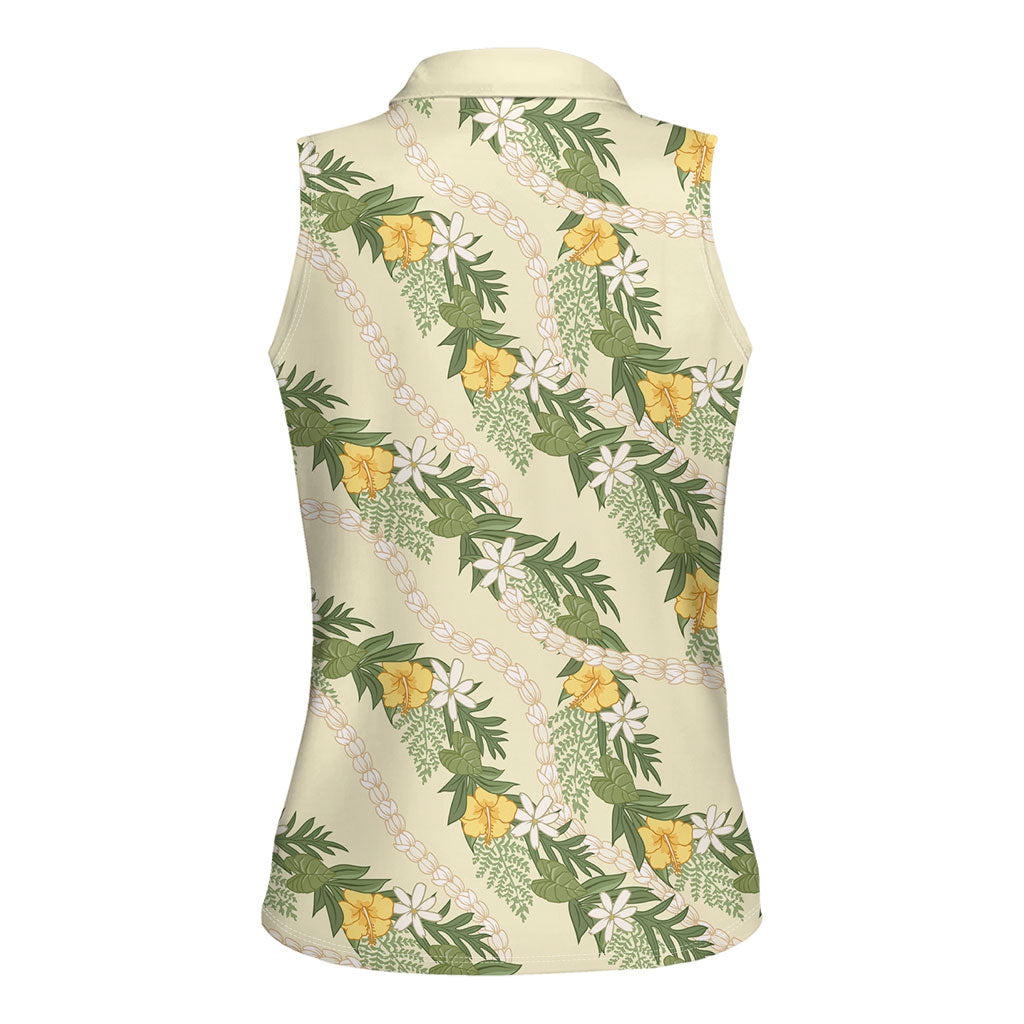Hawaiian Pikake Maile Lei Women Sleeveless Polo Shirt Tiare Hibiscus Kalo Palapalai Leaf Beige LT19 - Polynesian Pride