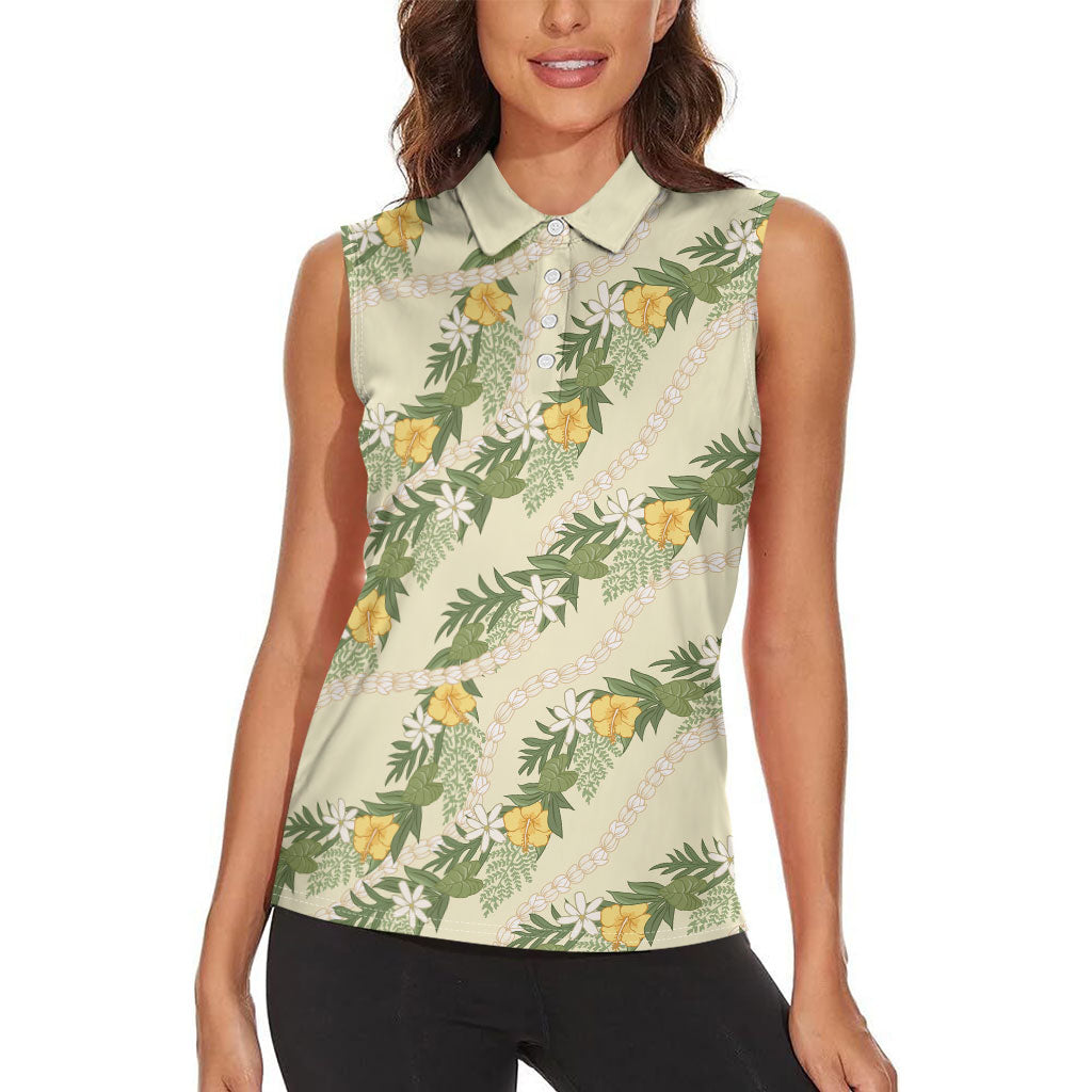 Hawaiian Pikake Maile Lei Women Sleeveless Polo Shirt Tiare Hibiscus Kalo Palapalai Leaf Beige LT19 - Polynesian Pride