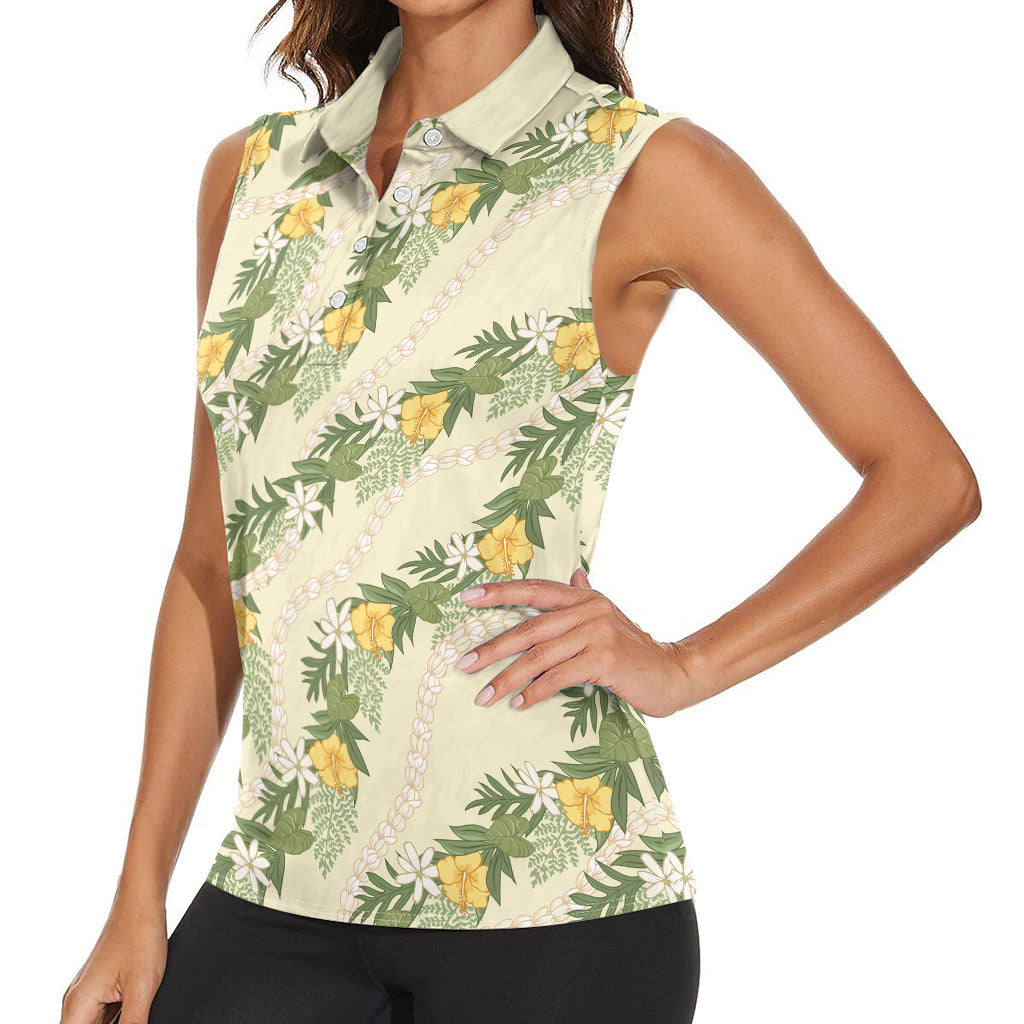 Hawaiian Pikake Maile Lei Women Sleeveless Polo Shirt Tiare Hibiscus Kalo Palapalai Leaf Beige LT19 - Polynesian Pride
